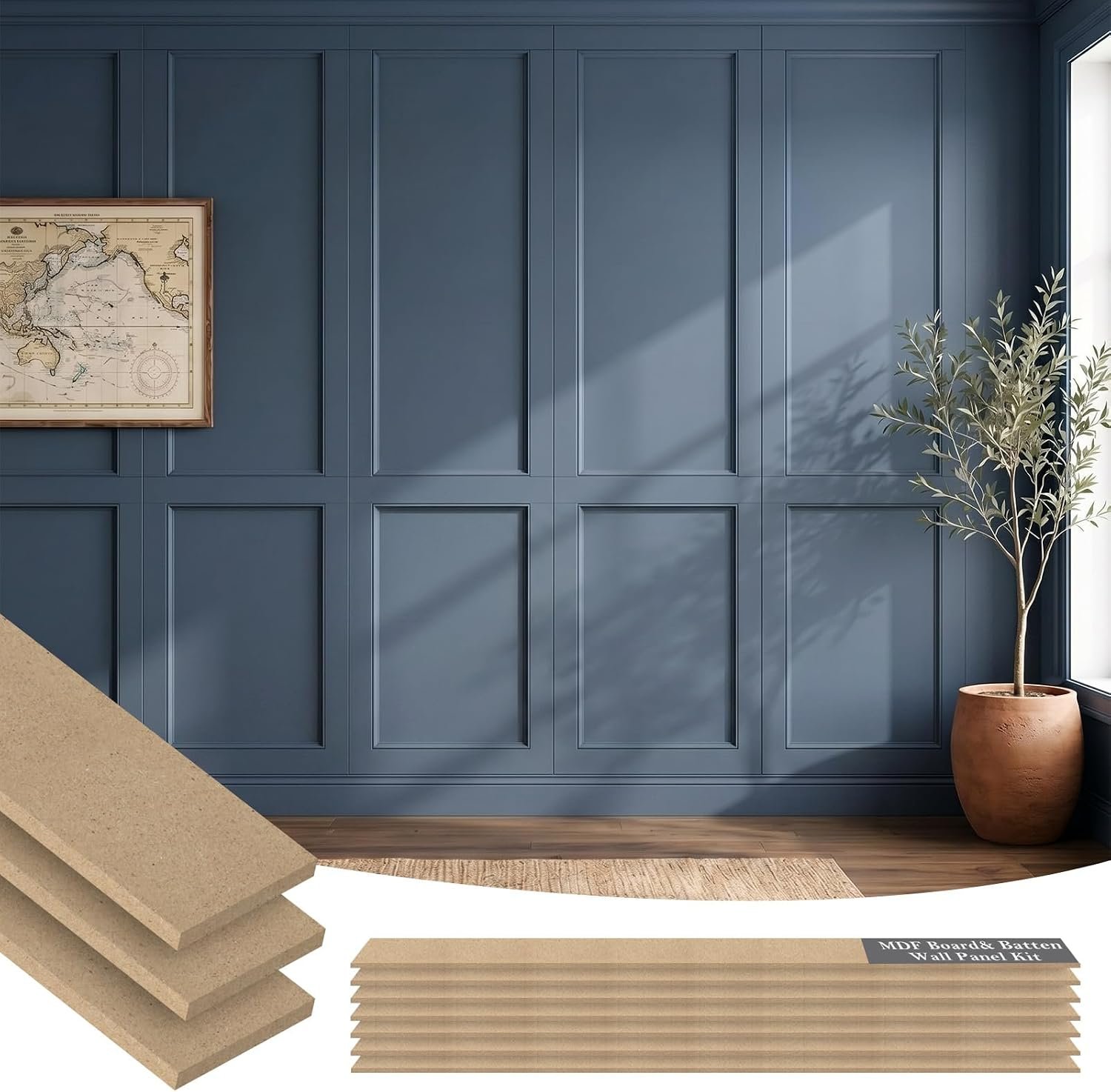 Nuanchu 5 Set 157.5 x 94.5 Inch MDF Board and Batten Wall Panel Kit Premade Wainscoting Panels Decorative Wall Molding Trim Slats Paintable Wainscoting Kit for DIY Home Bedroom Living Room Decor