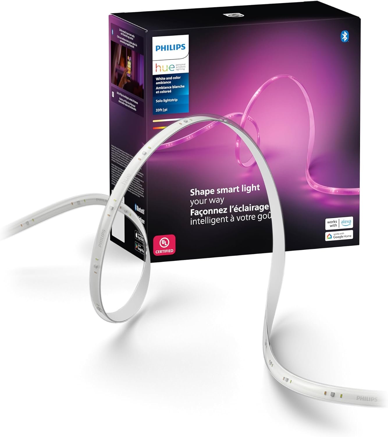 Philips Hue Indoor 33 Ft Smart LED Solo lightstrip Base Kit – 1 Pack – Control with Hue App – Compatible with Alexa, Google Assistant and Apple HomeKit