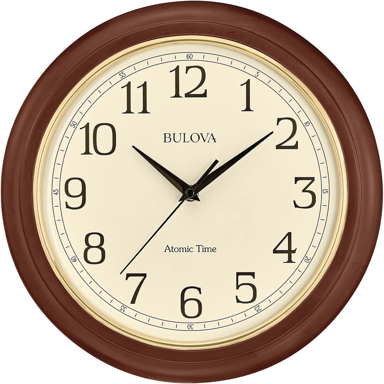 Bulova Atomic Time 2 Analog Wall Clock C5004 | 12.4″ Wooden Frame, Sets Time Automatically | Quartz Movement | Battery Operated | Classic Design
