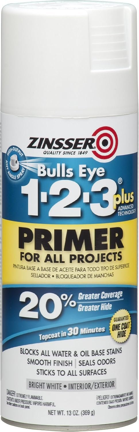 Zinsser Bulls Eye 1-2-3 Plus Spray Primer, White, 13oz | Bulls Eye 1-2-3 Plus spray primer, 13oz, White. High-hide stain-blocking spray primer for all surfaces; bonds without.