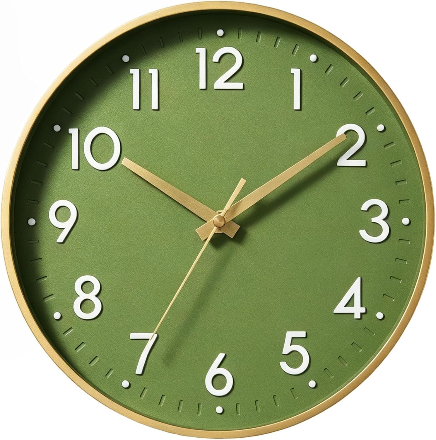 Small 8 Inch Wall Clock Battery Operated Silent Non Ticking Analog | Olive green & gold modern clock; oversized 3D easy-read dial for kitchen, bedroom & office; 1 AA battery (not included)