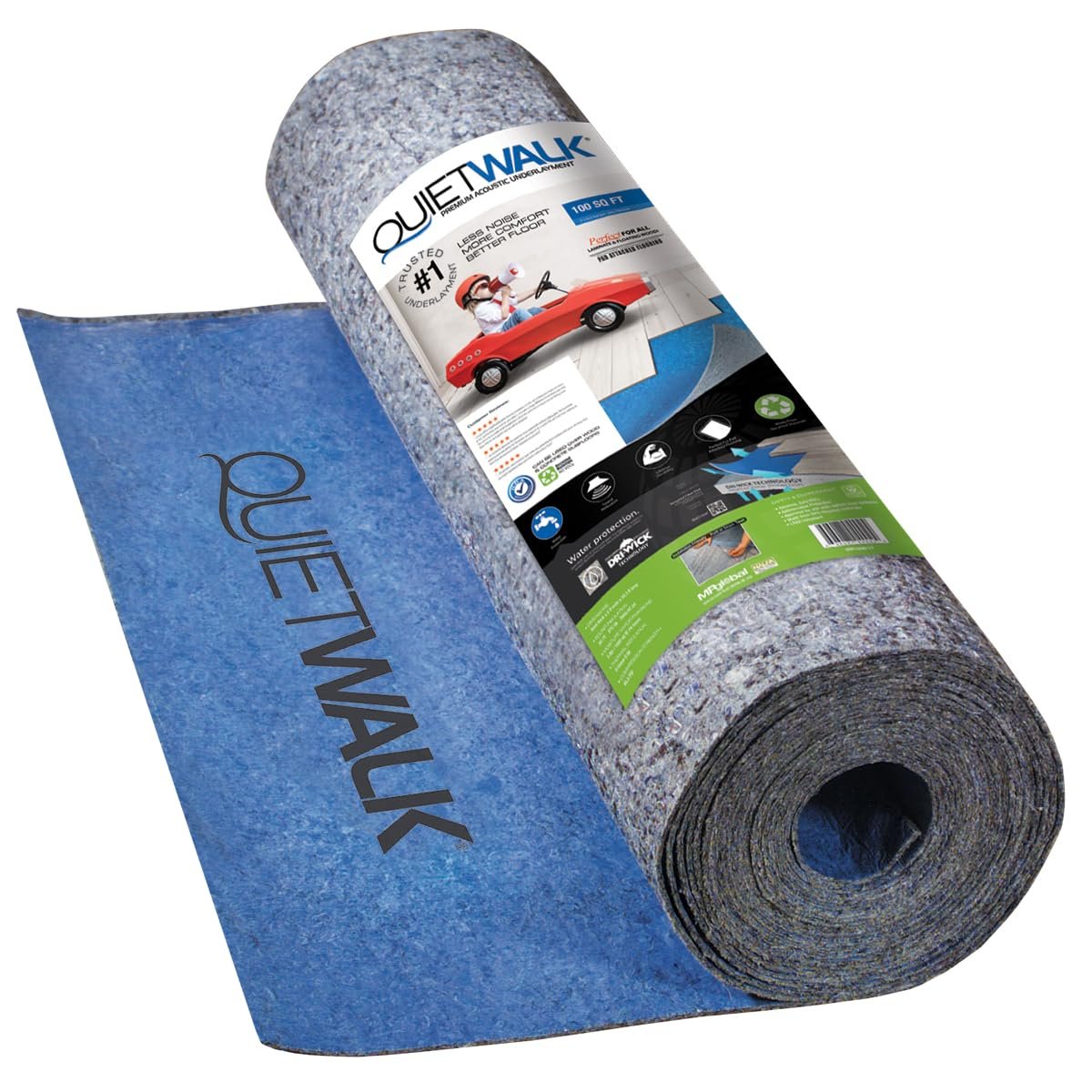 QuietWalk Underlayment 200 sq ft – 3 mm Thick – for Laminate & Hardwood Floors – Approved for Pre-Attached Pad – Recycled Fiber – Floating Install – Sound & Moisture Barrier – Made in USA