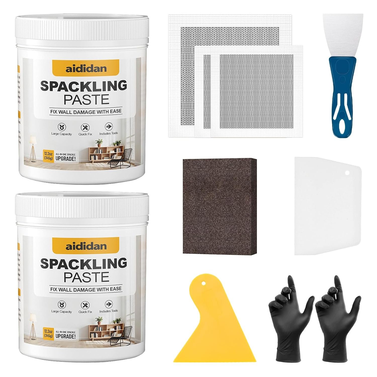 Drywall Repair Kit 2 Pack 12.2 Oz Wall Patch Repair Kit Wall Mending Agent | Spackle Wall Repair with Wall Patches/Sanding Sponge/Putty Knife/Scrapers/Gloves, Wall Surface Hole Quick and Easy Solution