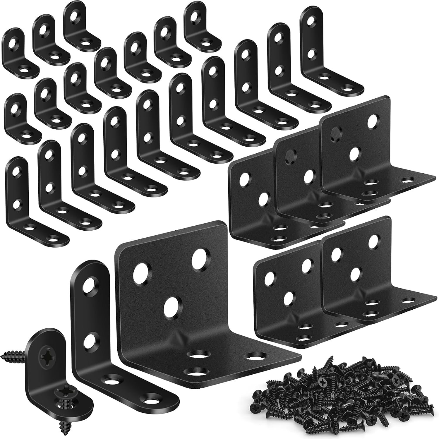 MAPVOLUT 25Pcs L Brackets for Shelves, 3 Sizes Angle Corner Braces Metal L Bracket Heavy Duty for Wood, Sturdy and Rustproof for Repairing Furniture with 82Pcs Screws Mounting Bracket Easily Black