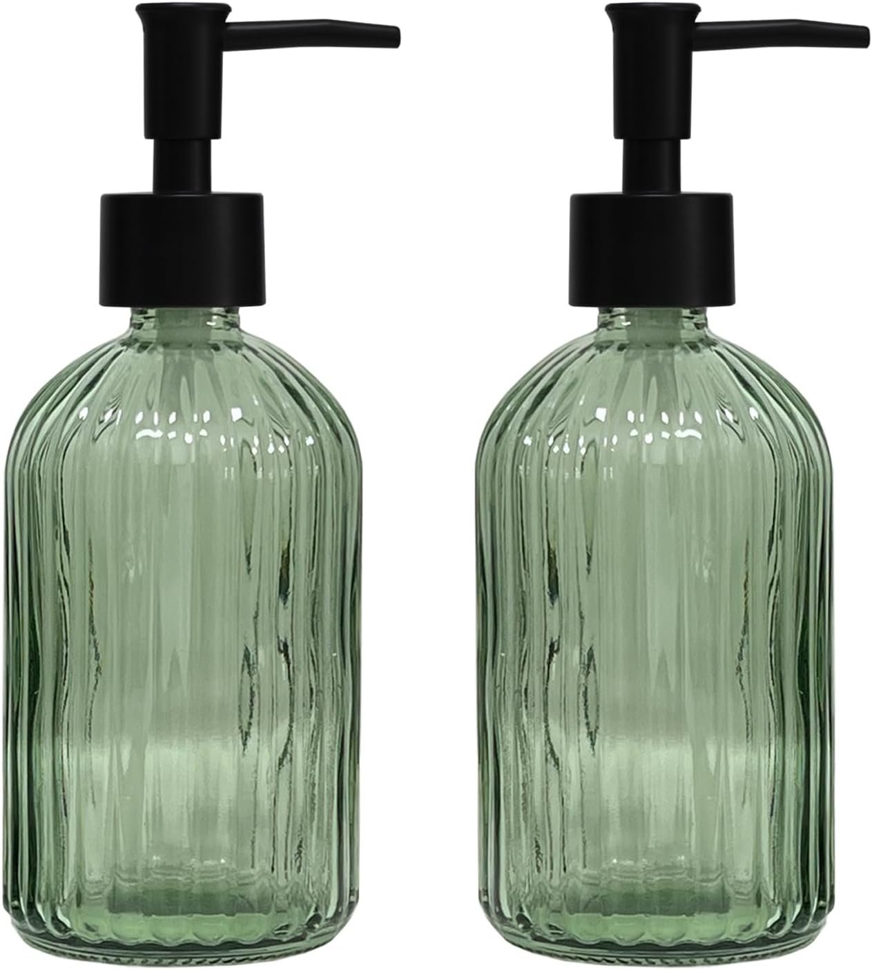 YYTSGG Green Glass Soap Dispenser Set with Black Pump, 13.5oz, 2 Pack | Refillable Liquid Hand Soap Dispenser, Lotion Dish Soap Dispenser for Modern Home Decor, Bathroom, Kitchen Countertop, Hotel