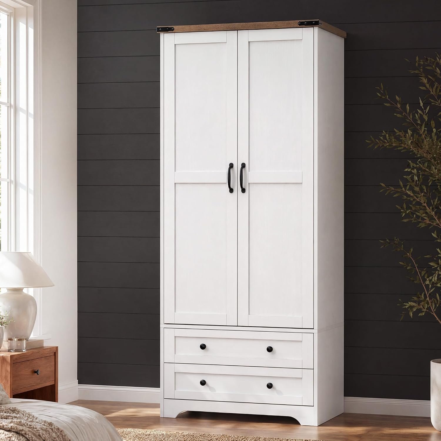71″ Wooden Armoire Wardrobe Closet with 2 Doors & 2 Drawers, White | Modern Tall Storage Cabinet with Adjustable Shelf and Hanging Rail for Coats, Sturdy Freestanding, Wide Drawers, For Bedroom