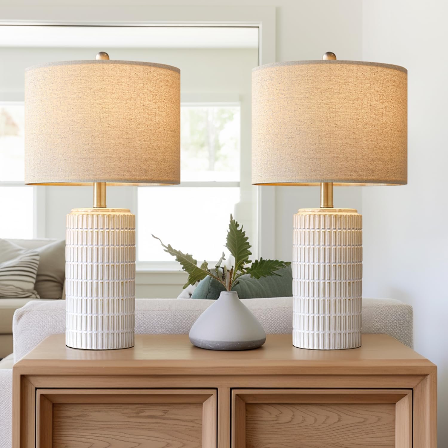 PoKat 23″ Modern Ceramic Table Lamp Set of 2 for Living Room Bedroom, White | Nightstand Lamps for Bedside, Farmhouse End Table & Desk Light, Ideal Housewarming Gift, New Home Decor for Women Mom
