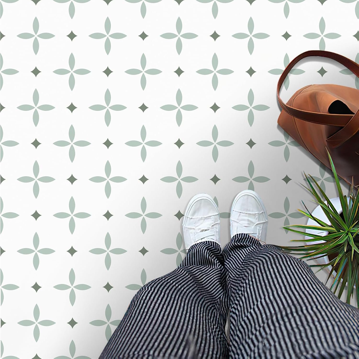MORCART Peel and Stick Floor Tile Star Waterproof Vinyl Flooring DIY for Bathroom, Kitchen, Fireplace, Pet House, Stairs, Bedrooms, Wall, Store(20PCS,7.87″ x 7.87″,Light Green+Dark Green+White)