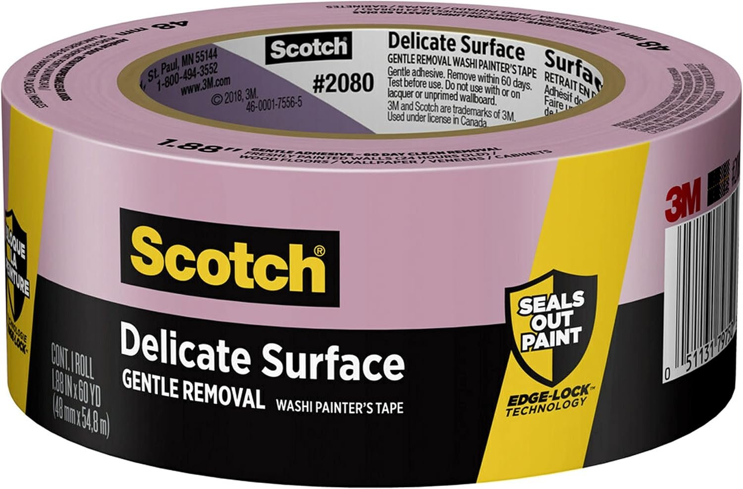 Scotch Delicate Surfaces Painters Tape, 1.88 in x 60 yd, Damage-Free Painting Prep, Protect Delicate Surfaces, UV & Sunlight Resistant, Solvent-Free Adhesive, Indoor Masking Tape, 1 Roll (2080-48EC)