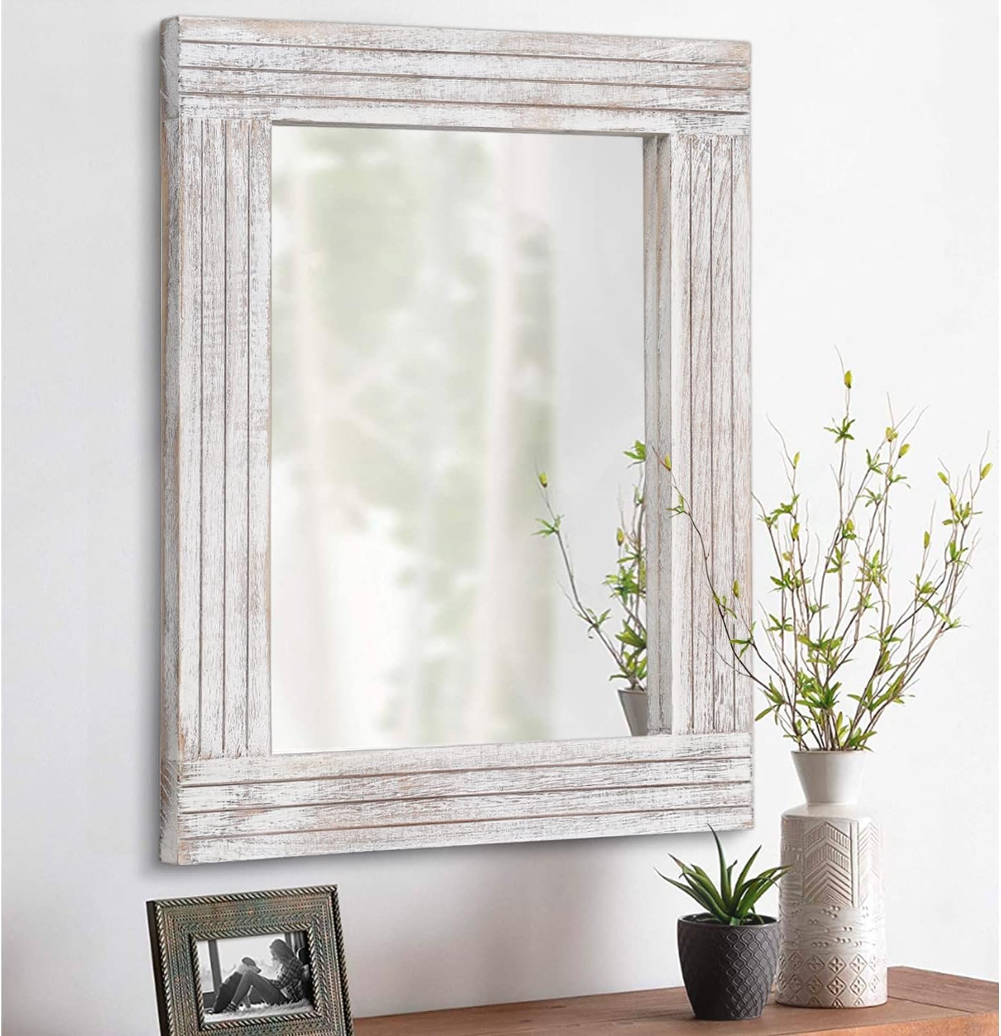 Mirrors for Wall Rustic Wooden Frame Rectangle Mirror Vintage Hanging Mirror for Bedroom Bathroom Living Room Farmhouse Wall Decor White Small 16″ x 12 “