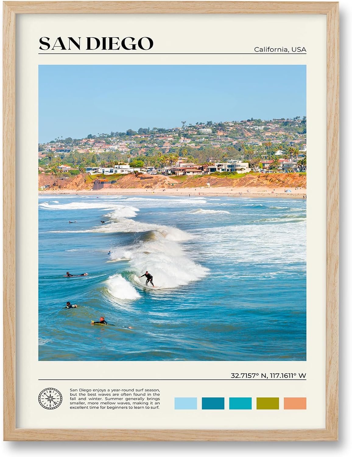 HesenDot Natural OAK Wood San Diego Surfing Framed Wall Art,12x16in Natural Seascape Canvas Wall Print,Classic Urban Landmark Wall Decor for Living Room,Bedroom,Office Gallery Gifts Set of 1