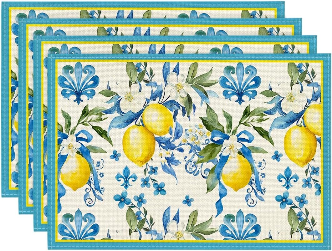 Artoid Mode Blue Lemon Iris Summer Placemats Set of 4, 12×18 Inch Seasonal Table Mats for Party Kitchen Dining Decoration