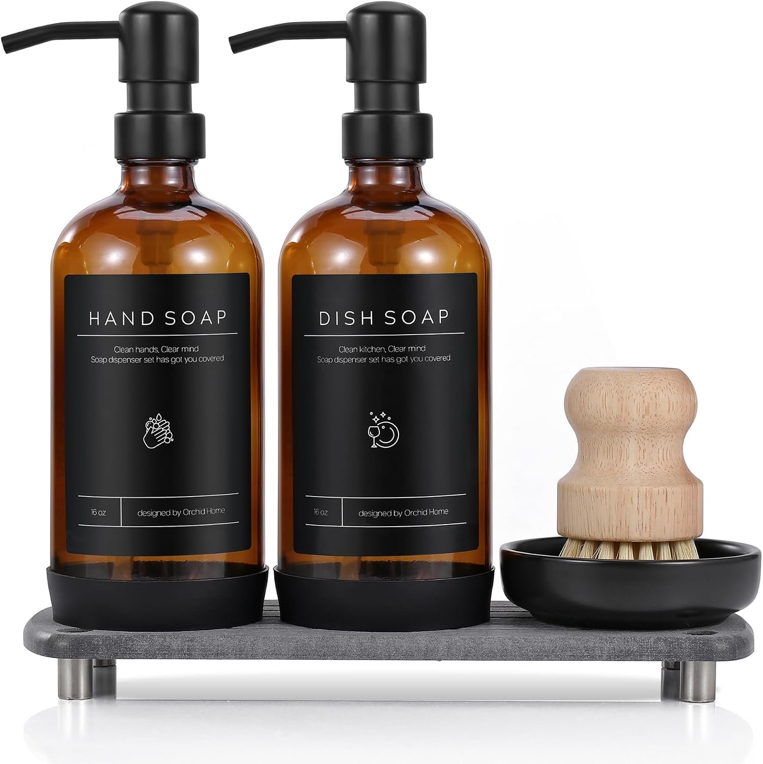 [Luxury] Kitchen Soap Dispenser Set – 16OZ Amber Glass Bottle, Stainless Steel Pump, Instant Dry Tray, Waterproof Labels, Non-Slip Silicone Pad, and Dish Brush | Upgrade for Your Kitchen and Bathroom