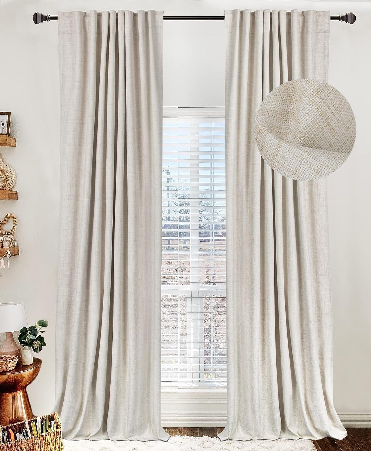 Linen Textured Total Blackout Curtains for Bedroom 84 Inches Long, Cream | 100% Blackout Shield, Back Tab/Rod Pocket Living Room Drapes, Thermal Insulated Blackout Curtains 2 Panels Set, 50″W x 84″L