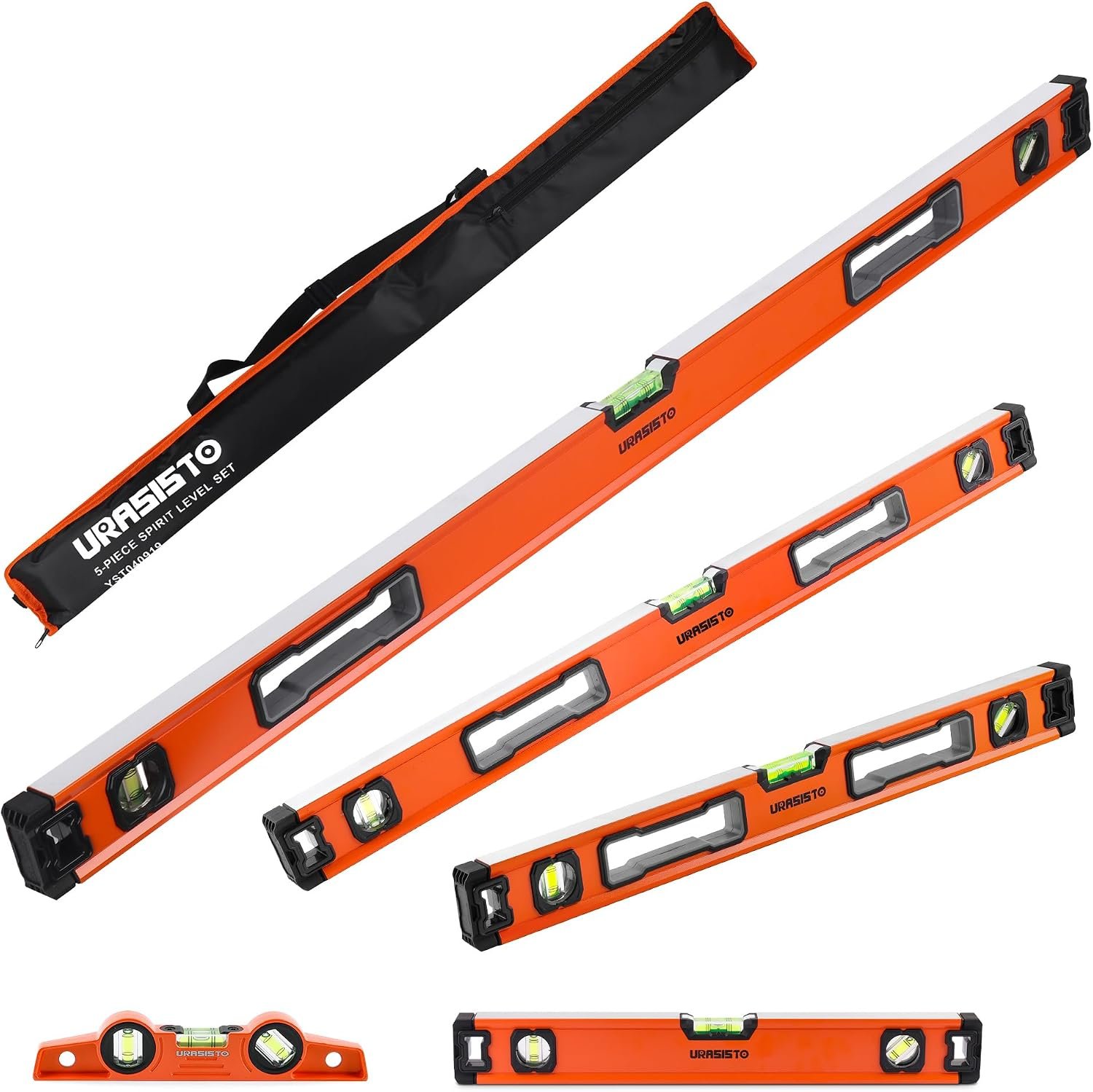 URASISTO 5-Piece Spirit Level Set, 10″, 16″, 24″, 32″, 48″ Level Set with Magnetic Torpedo Level, 45°/90°/180°Bubbles Measuring, Aluminium Alloy Levels with Carrying Bag