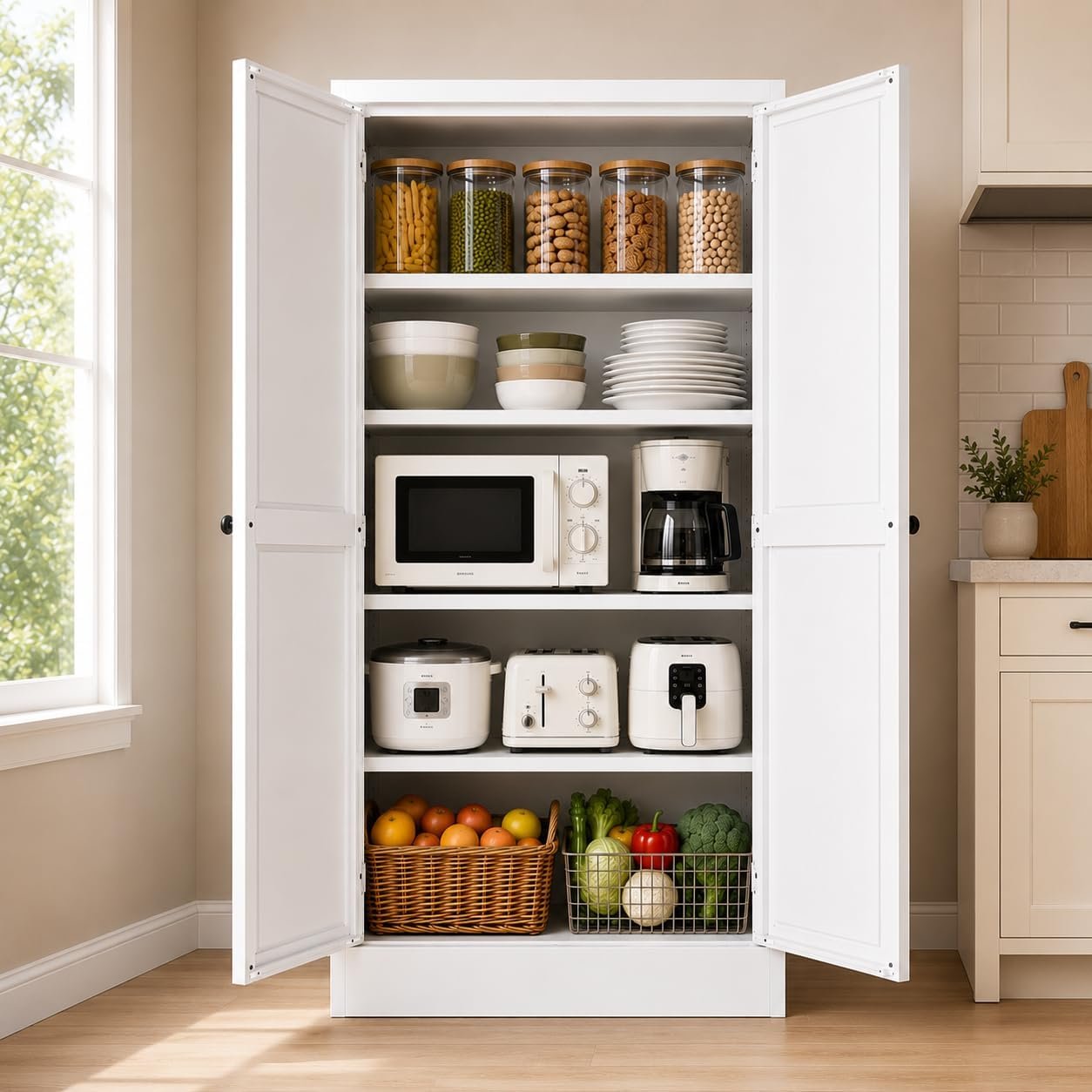 AQY Kitchen Pantry Cabinet,61″ White Pantry Storage Cabinet with 4 Tier Adjustable Shelves and 2 Doors,Freestanding Cupboard,Metal Pantry Cabinets with Handle for Living Room Kitchen Assembly Required