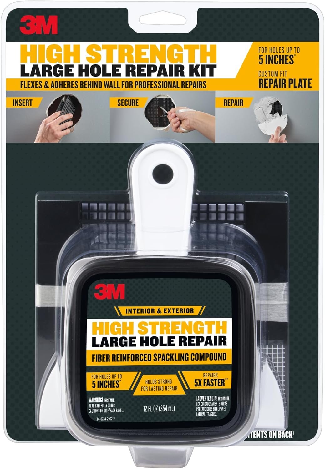 3M High Strength Large Hole Repair Kit | Wall Hole Repair Kit With Spackling Compound, Putty Knife, Repair Plate, And Sanding Sponge, No Shrinking or Cracking