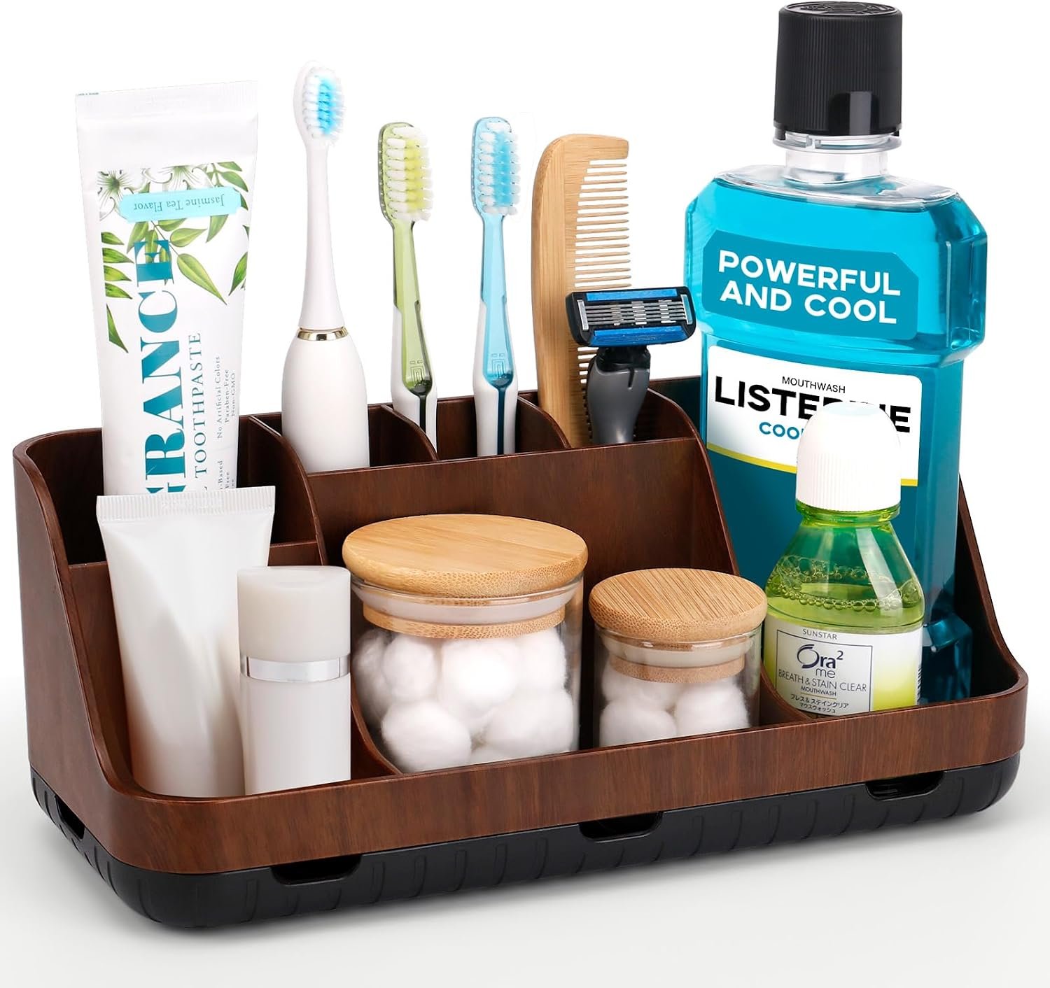 GFWARE Wood Toothbrush Holders for Bathroom Organizer with Drain Holes | Detachable 7 Slots Kid Electric Toothbrush and Toothpaste Holder, Bathroom Sink, Caddy, Tray, Vanity Storage Wood-Look, Brown