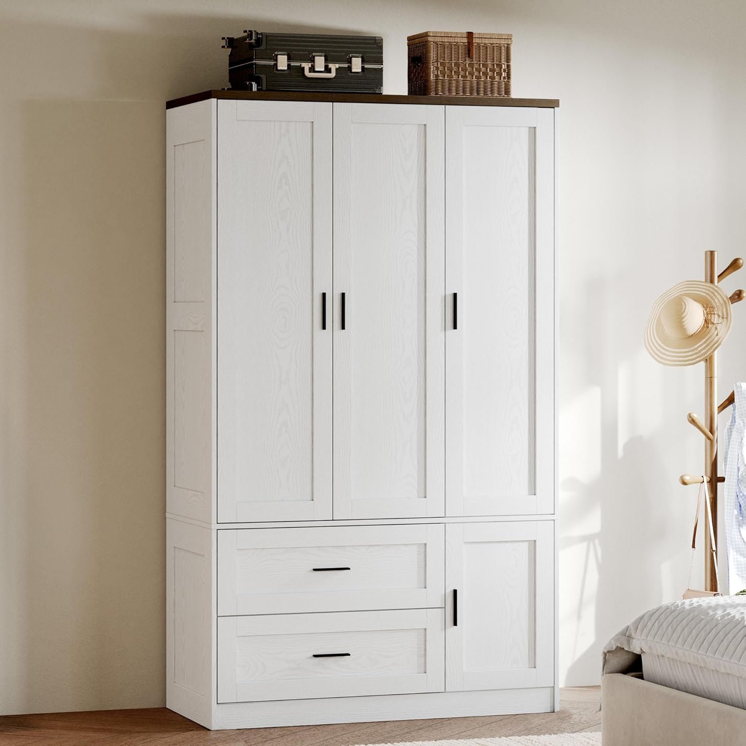 ANCTOR 3-Door Armoire Wardrobe Closet with 2 Drawers and Shelves, White | Modern Farmhouse Style / Hanging Rod / Adjustable Shelves / 2 Drawers / Concealed Storage / Soft-Close Hinges