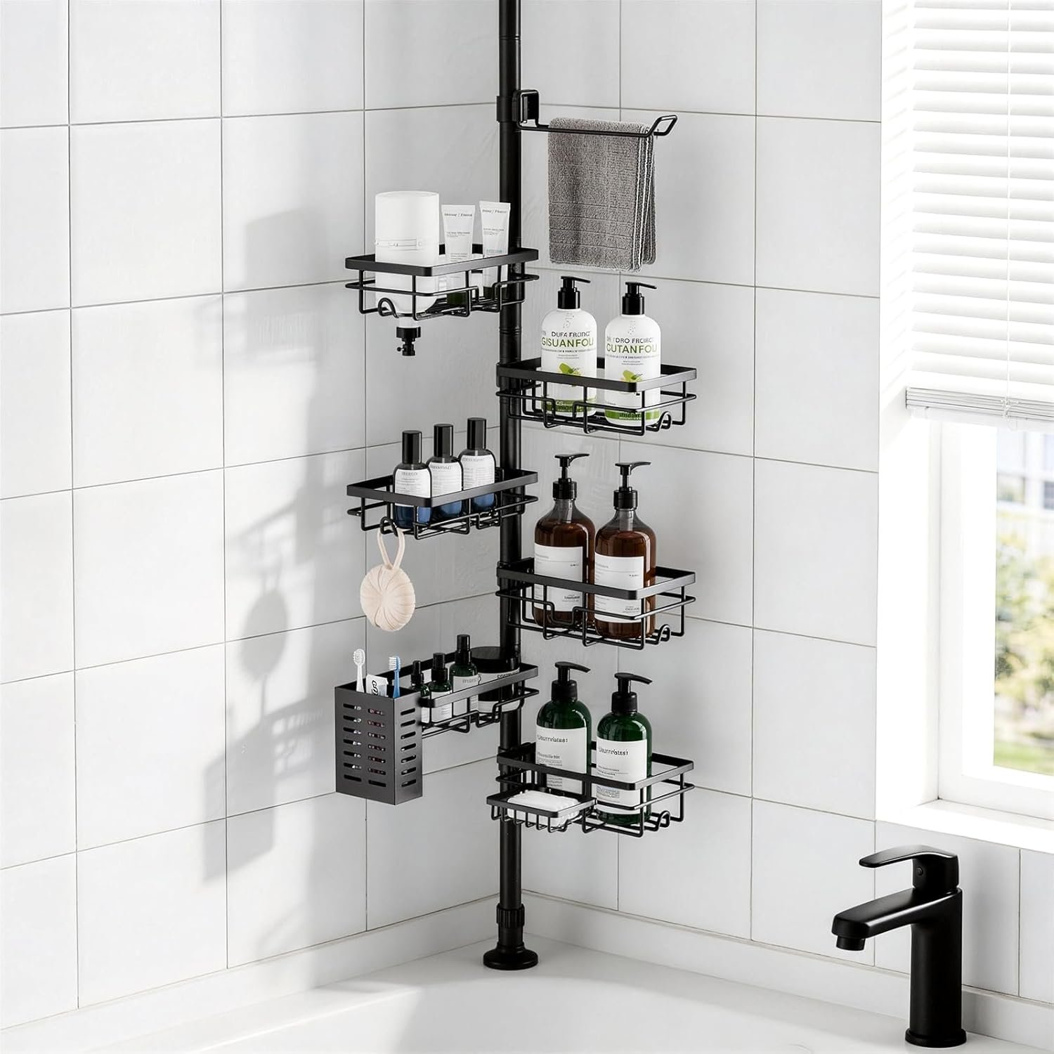 Shower Caddy Organizer Tension Pole, Corner Shower Shelves Bathroom Storage | 6 Tier Shelf, Rustproof 30-120’’ Adjustable, Towel Bar&Soap Dish for Bathroom Organizers, Shower Rack for Inside Shower,Black