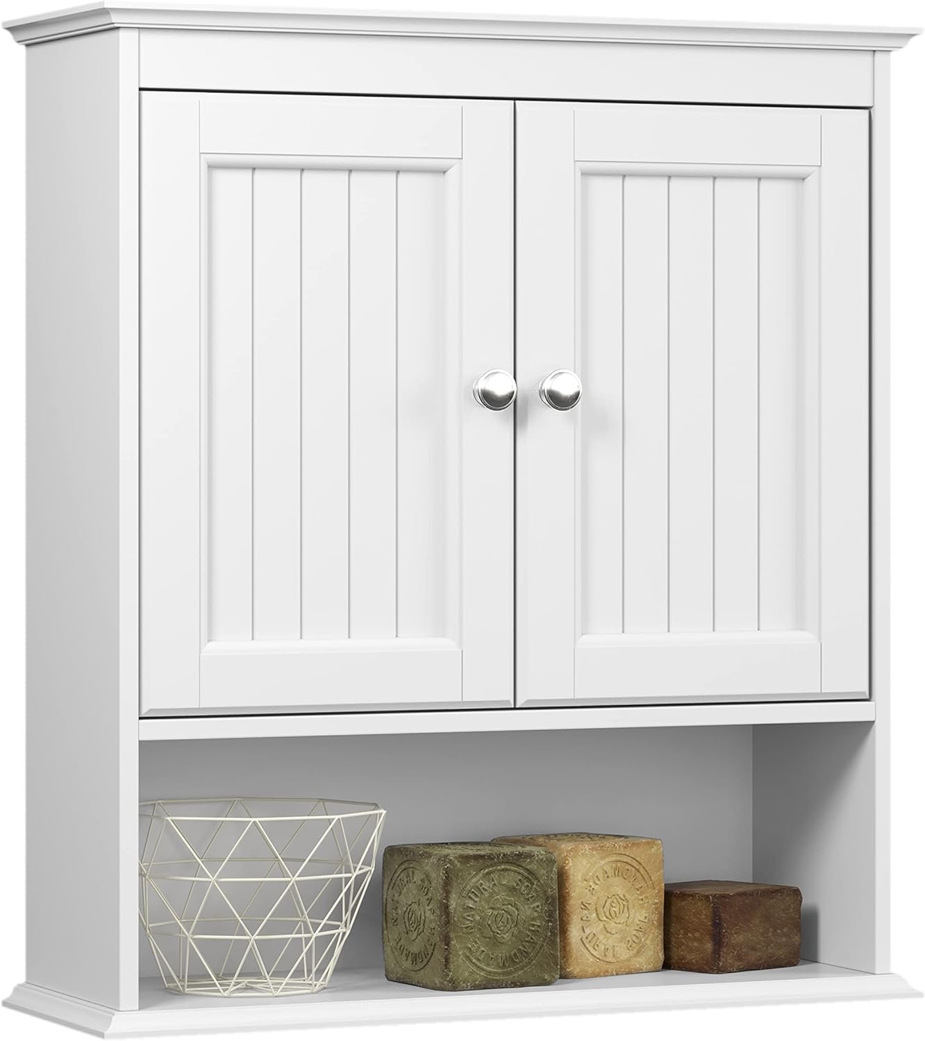 Spirich Bathroom Wall Cabinet with Beadboard Doors, White Medicine Cabinet | Adjustable Shelf, Open & Concealed Storage, Space-Saving Over-Toilet Design for Toiletries, Towels, Medicines & Decor