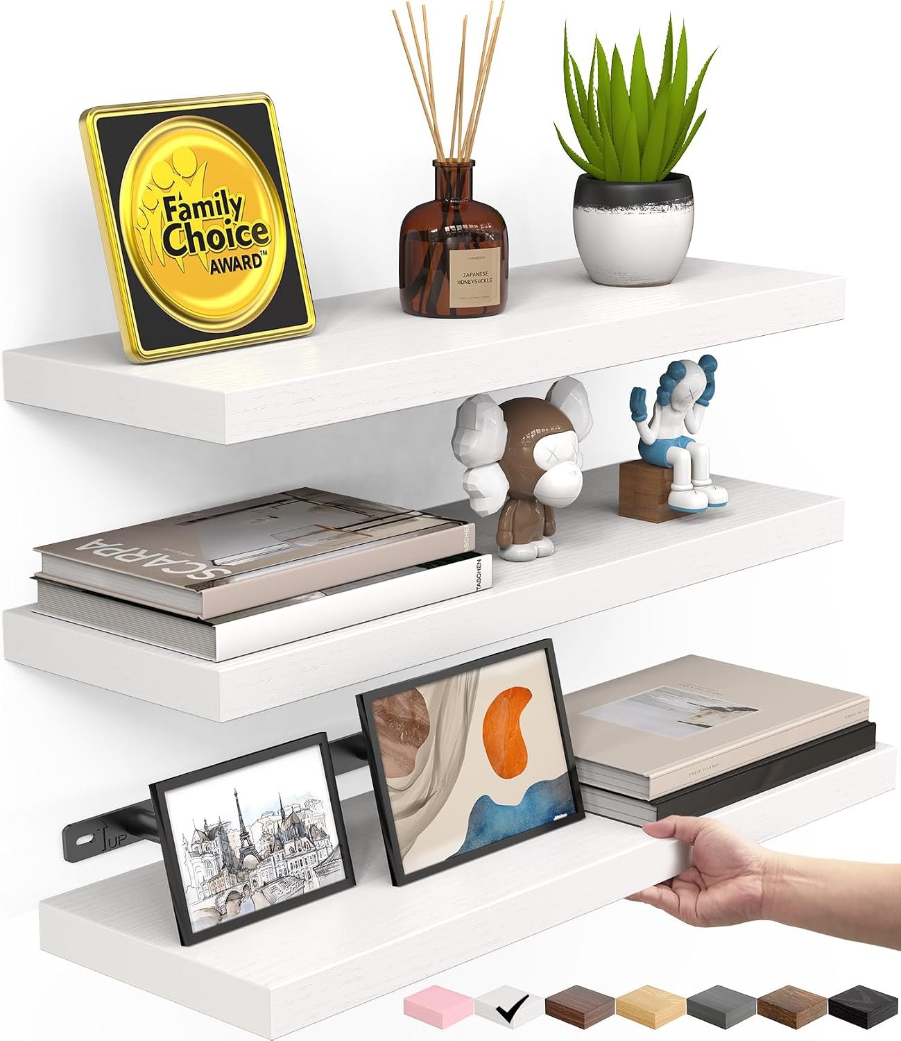 BAYKA White Floating Shelves 15.7in, Set of 3, Wall Mounted for Wall Decor