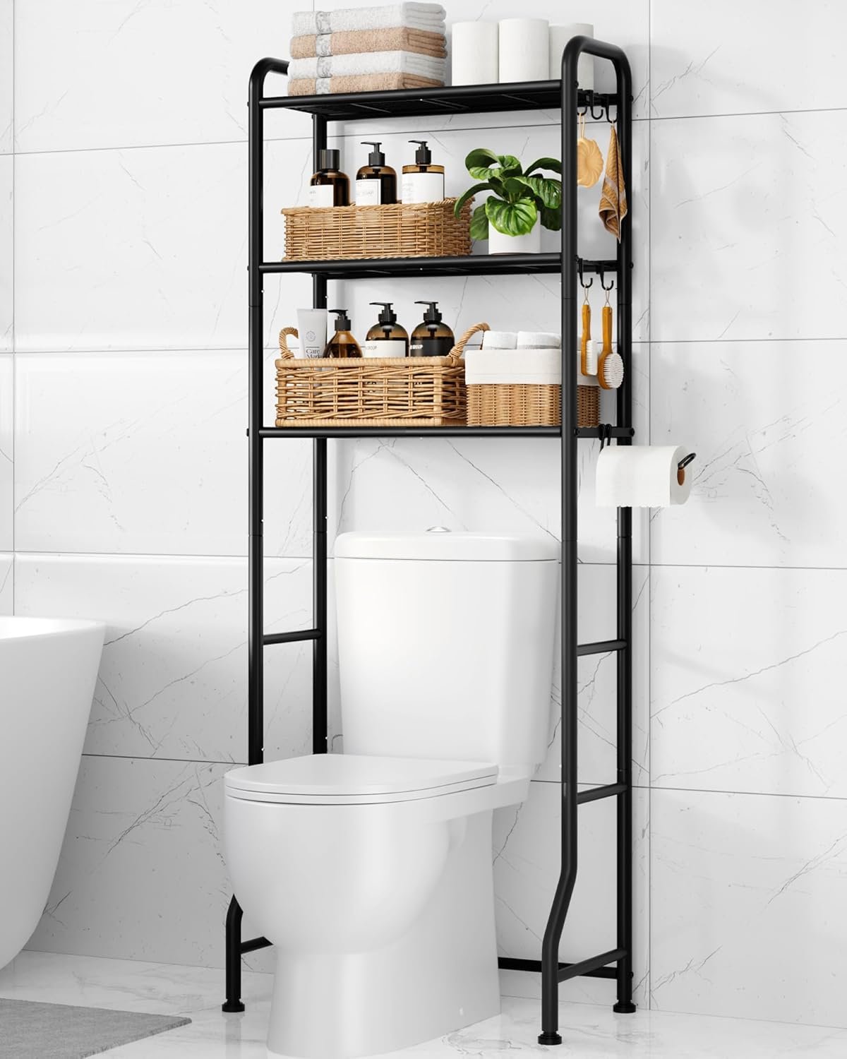 Kitsure Over Toilet Storage Rack, 63.2″ H Space-Saving, Holder & Hooks | Bathroom, Laundry Room, Small Spaces, Families, Durable Metal, Black, 3 Tier
