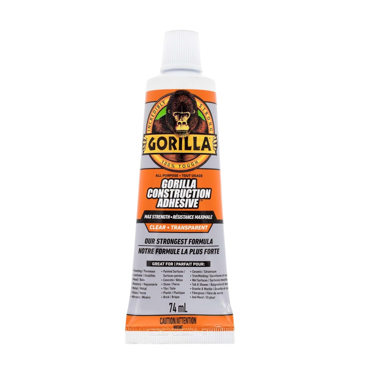 Gorilla Max Strength Construction Adhesive, Clear, 2.5 oz | Gap-Filling and Paintable, Ideal for Quick Fixes and Touch Ups, Bonds Wood, Metal, Glass, Tile, Stone, and Drywall
