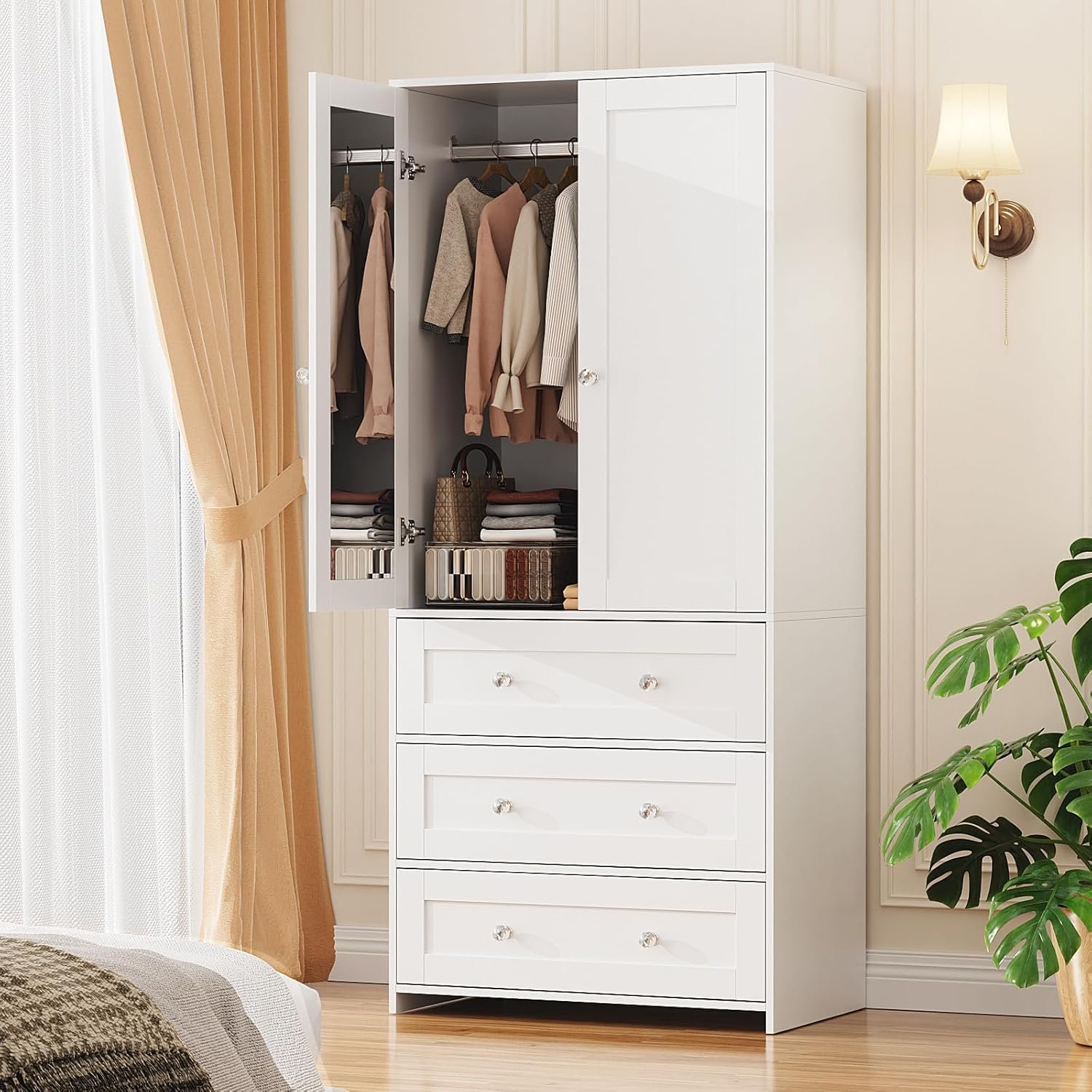 VOWNER 71″ Tall Armoire Wardrobe Closet with Drawers and Mirror | Clothing Storage Cabinet with Hanging Rod, 2 Doors Wooden Wardrobe Cabinet for Bedroom, Large Capacity Storage (White)