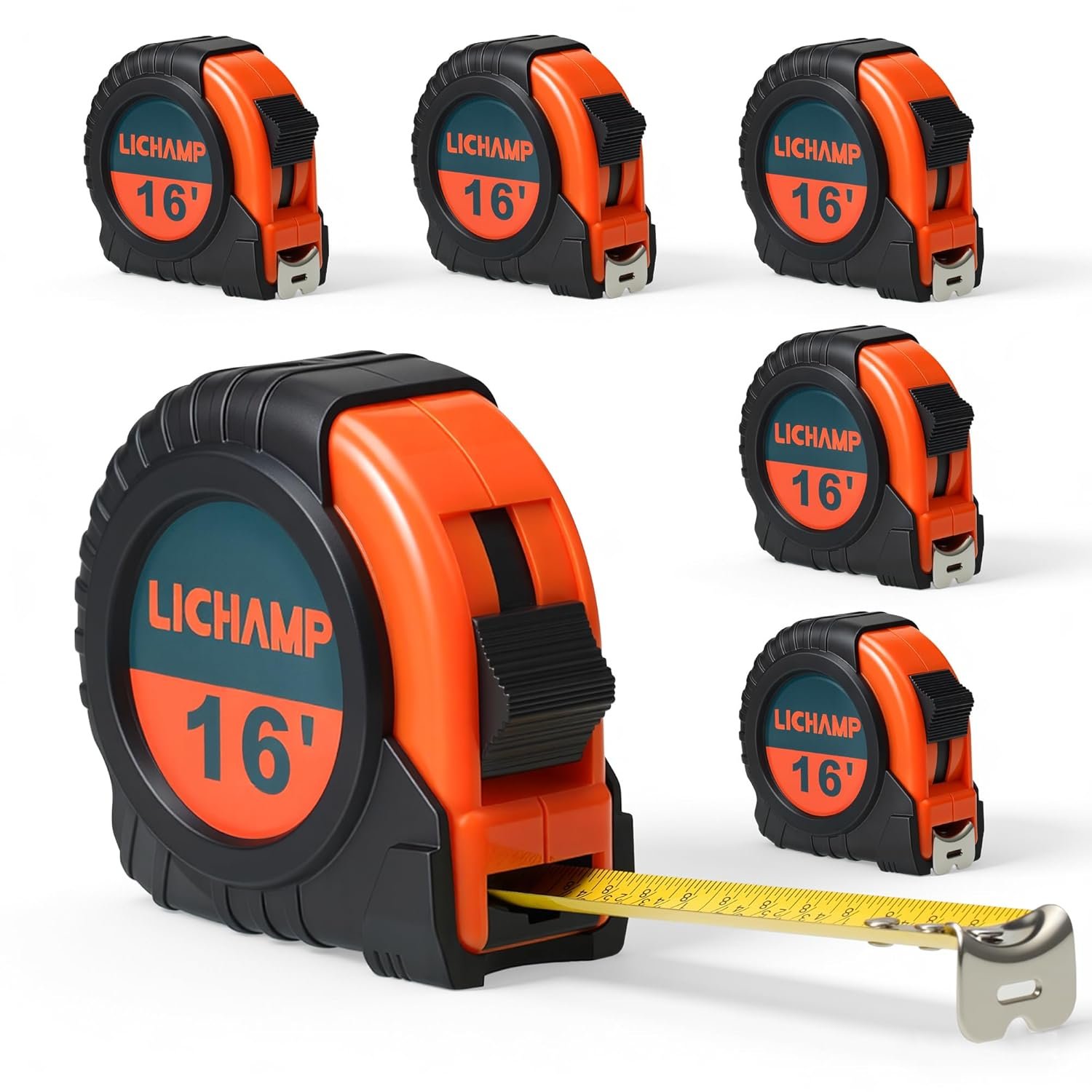 Lichamp 6 Pack 16ft Tape Measure Retractable 3/4in with 1/8 Fractions | Easy Read; Measurement Tapes 16-Foot; Auto-Lock for Construction