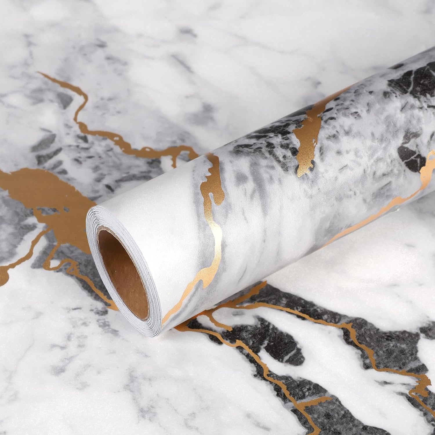 VEELIKE Black White Marble Contact Paper with Gold Veins Peel and Stick Countertops Waterproof Thick Marble Wallpaper for Kitchen Bathroom 15.7”x118” Self Adhesive Granite Vinyl Countertop Covers