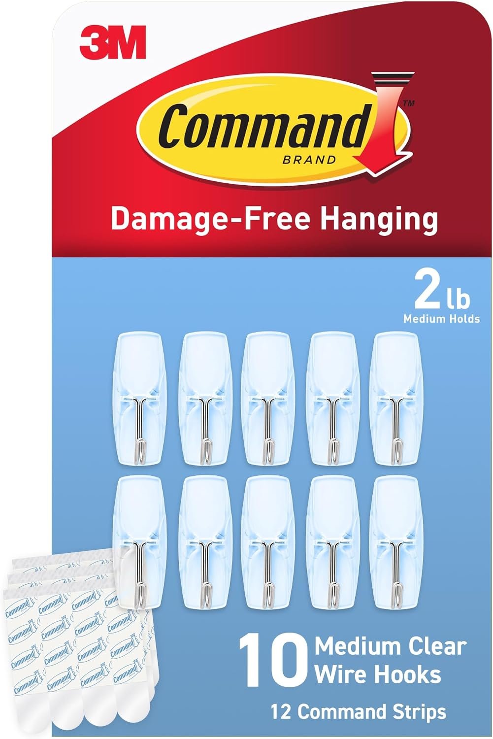 Command Medium Clear Wire Hooks, 10 Hooks, 12 Strips | Damage-Free Hanging Wall Hangers for Hanging Home Decor, Holds up to 2 lb
