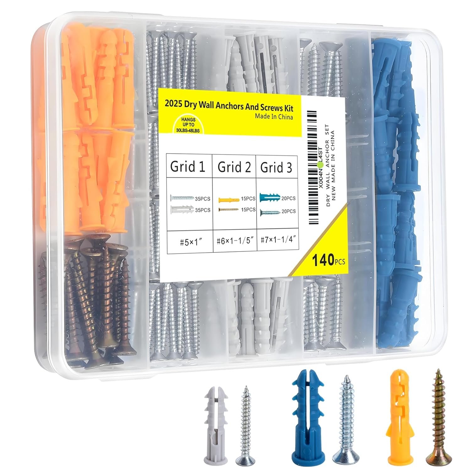 140PCS Drywall Anchors and Screws Kit, 3 Sizes Plastic Wall Anchors | Plastic wall anchors with Phillips screws, 140PCS 3-size kit for drywall, sheetrock and home installation projects.