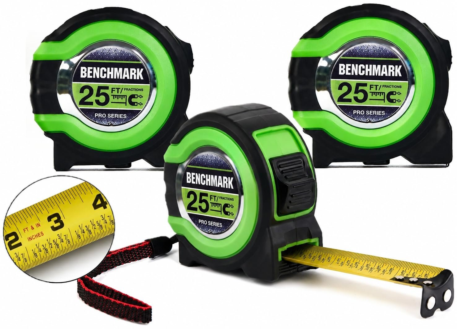 3 Pack – Tape Measures 25 ft – Easy to Read Fractions to 1/8th inch – Magnetic Tip – Thumb and Quick Lock – Autowind – Belt Clip – Green – Measuring Tape Retractable