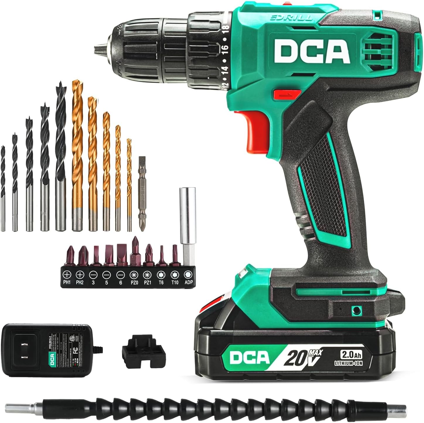DCA Cordless Drill Set, 354 in-lbs Torque, 3/8″ Keyless Chuck, Electric Power Drill with 2.0Ah Battery and Charger,18+1 Position,25-Piece 20V Drill Driver Kit, ADJZ2035