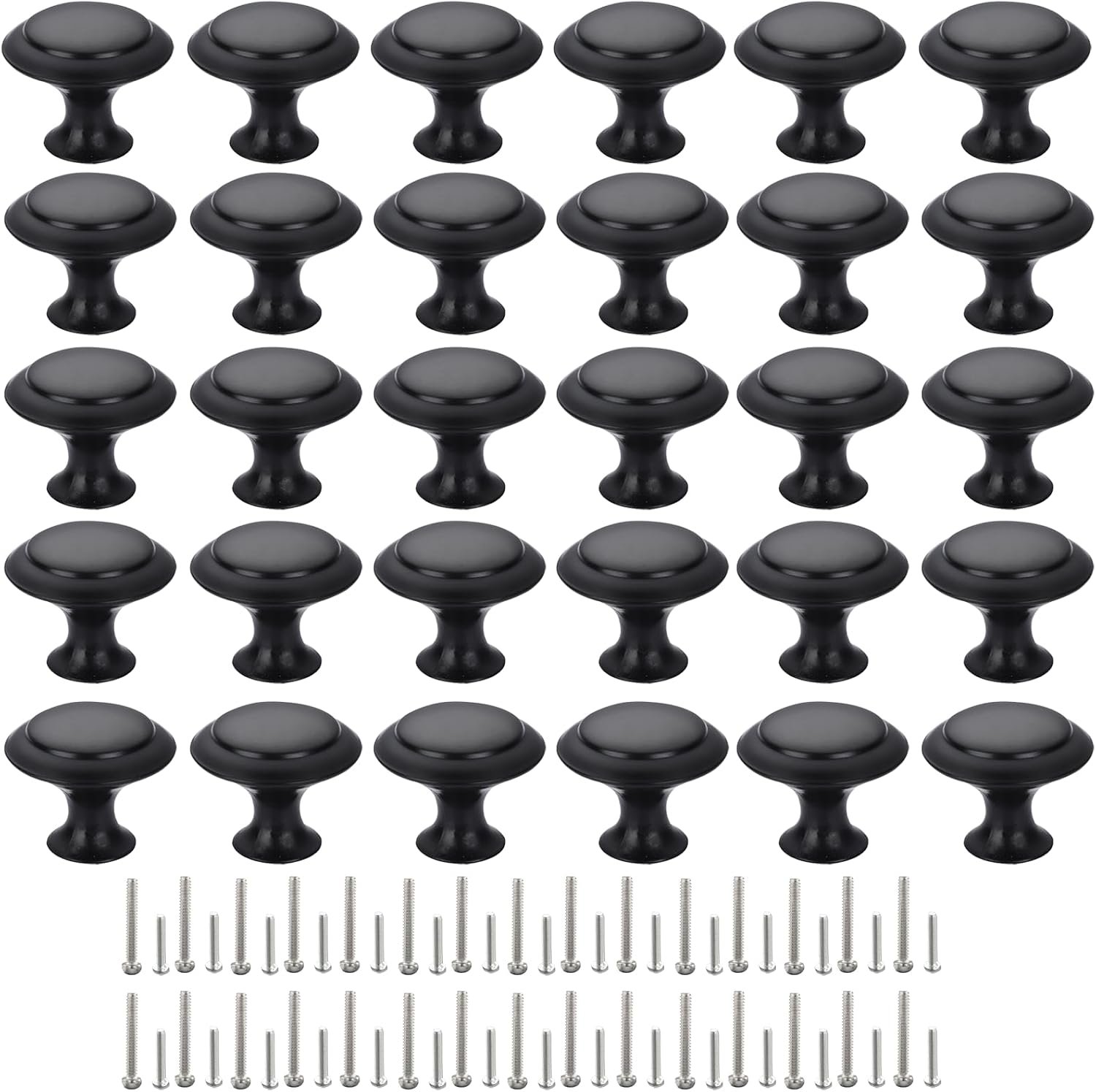 Cabinet Knobs, 30 PCS 30mm Dresser Knobs, Premium Drawer Knobs, Metal Furniture Handles, Black Zinc Door Knobs for Closet- 1-1/6 Inch Diameter Round Drawer Pulls Kitchen Knob Hardware with Screws DIY