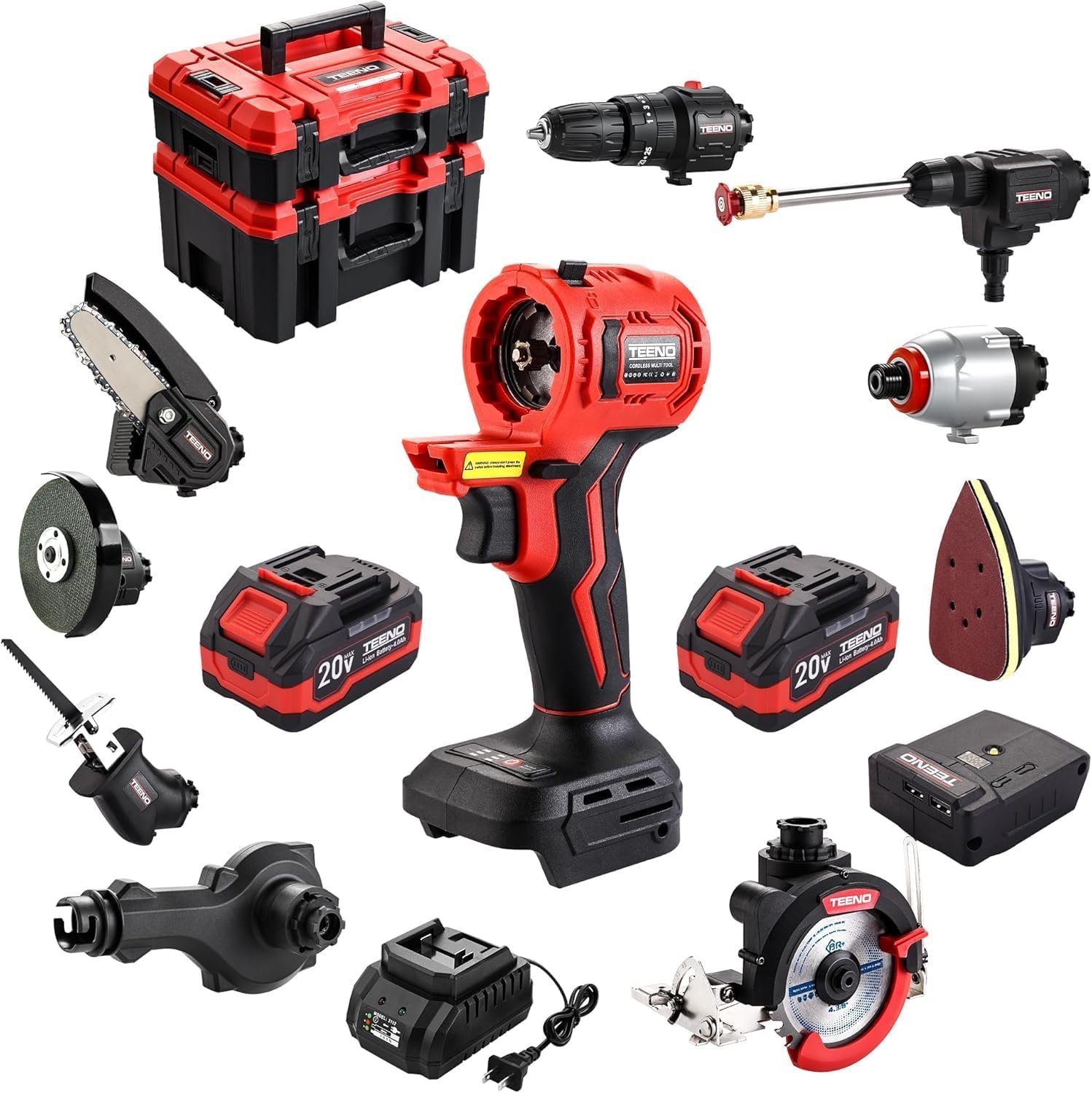 TEENO Power Tool Combo Kit Brushless, 9-in-1 Cordless Interchangeable Multi-Tool Set (Drill, Impact, Grinder, Sander, Circular, Chain & Reciprocating Saws, Blower, Washer), 2x 4.0Ah Batteries 20V Max