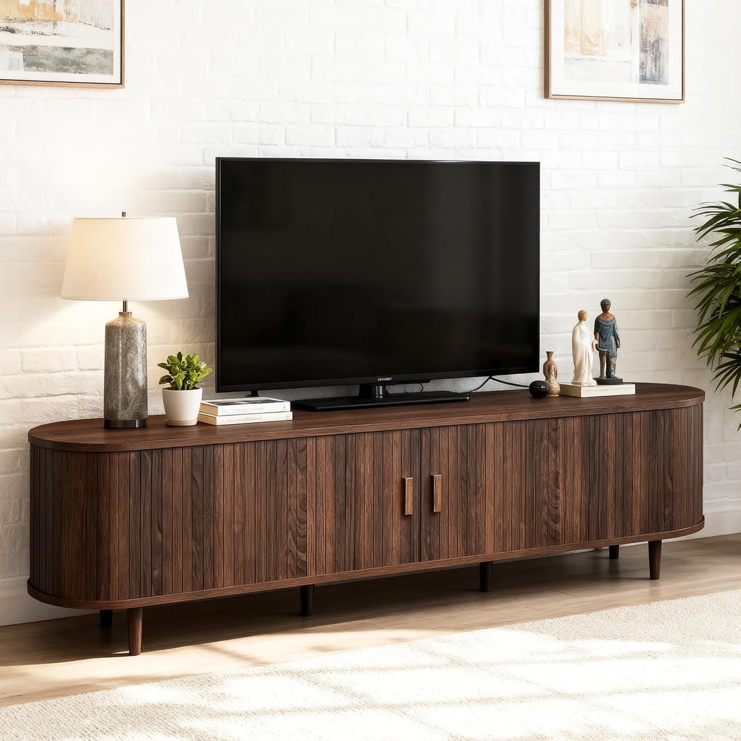 70″ Mid Century Modern TV Stand, Wood TV Consoles with Sliding Doors and Power Outlet, Entertainment Center with Adjustable Shelves, Fluted TV Stands for Living Room, Walnut