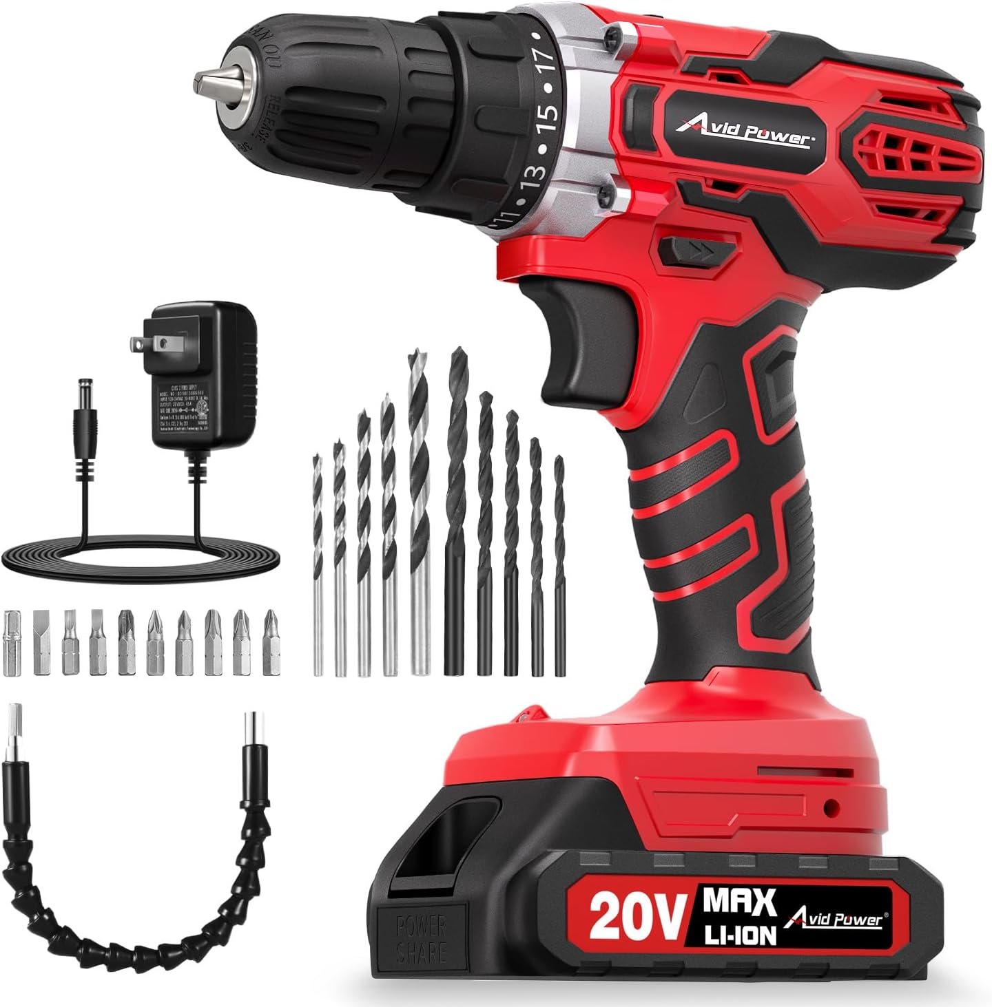 AVID POWER 20V Cordless Drill Set with Battery & Charger for Home DIY-Red | 2 Speeds, 3/8″ Keyless Chuck, 19 Positions, 22 Accessories, Drill Bits for Versatile Drilling Driving Tasks & Daily Repair
