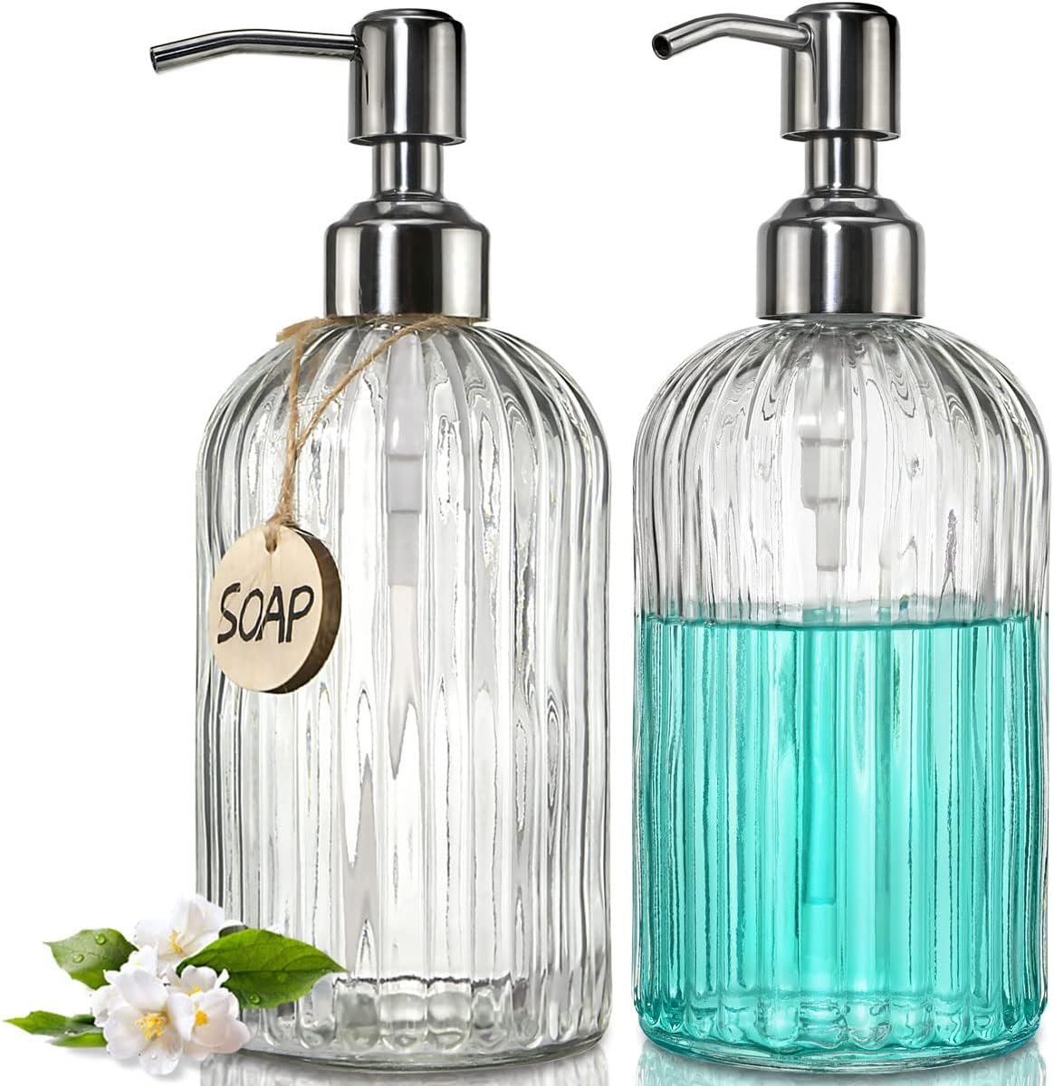 JASAI 2PACK 18 Oz Glass Soap Dispenser with Rust Proof Stainless Steel Pump | Refillable Hand Soap Dispenser with Vertical Stripe, Premium Bathroom soap Dispenser for Kitchen & Bathroom.