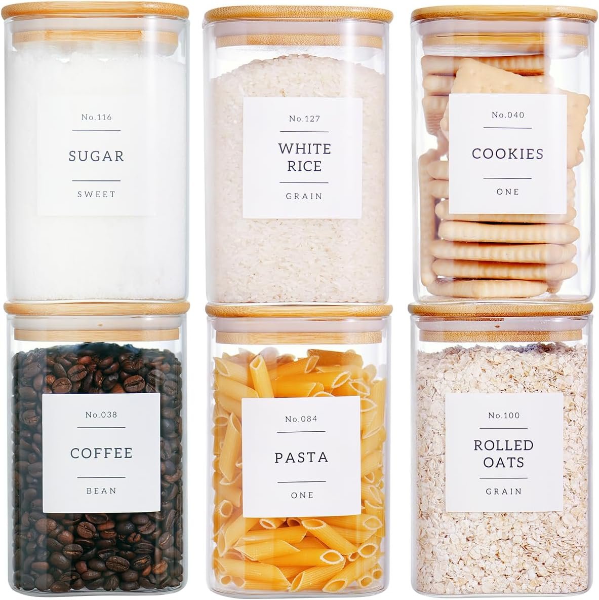 CZZGSM 6 Pack Square Kitchen Storage Jars with Airtight Bamboo Lids and 132 Pantry Labels – 35oz Glass Canisters With Wood Lids – Food Storage Containers for Coffee, Cookie, Tea, Spice