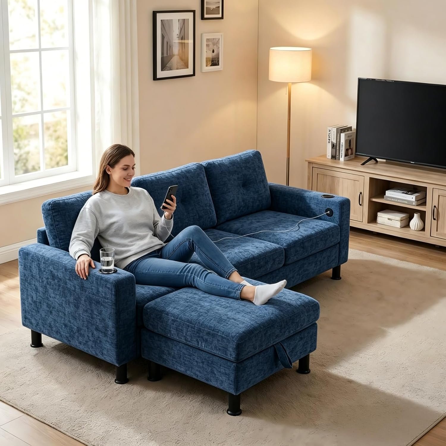 85″ L-Shaped Couch, Side Pocket & USB/Type-C Charging Station, Movable Storage Ottoman, 3-Seater Convertible Sectional Sofa with Cup Holders, Chenille Sofa for Living Room/Apartment (Blue)