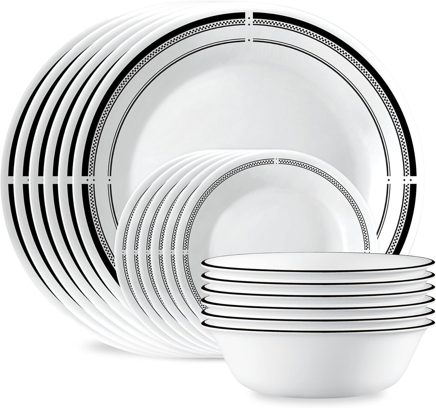 Corelle 18-Piece Round Dinnerware Set Service for 6, Lightweight Round Plates and Bowls Set, Vitrelle Triple Layer Glass, Chip and Scratch Resistant, Microwave and Dishwasher Safe, Brasserie