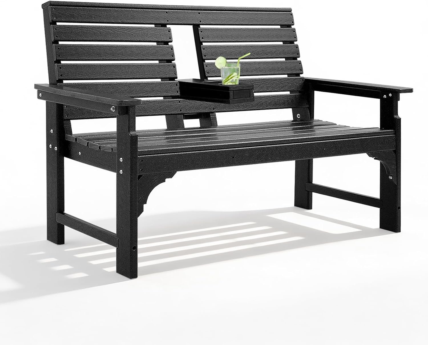 Outdoor Bench, HDPE 2-Person Garden Bench with Cup Holders | Weatherproof Patio Bench with Backrest & Armrests, 700 lbs Capacity Outdoor Seating for Front Porch, Backyard, Park, Black