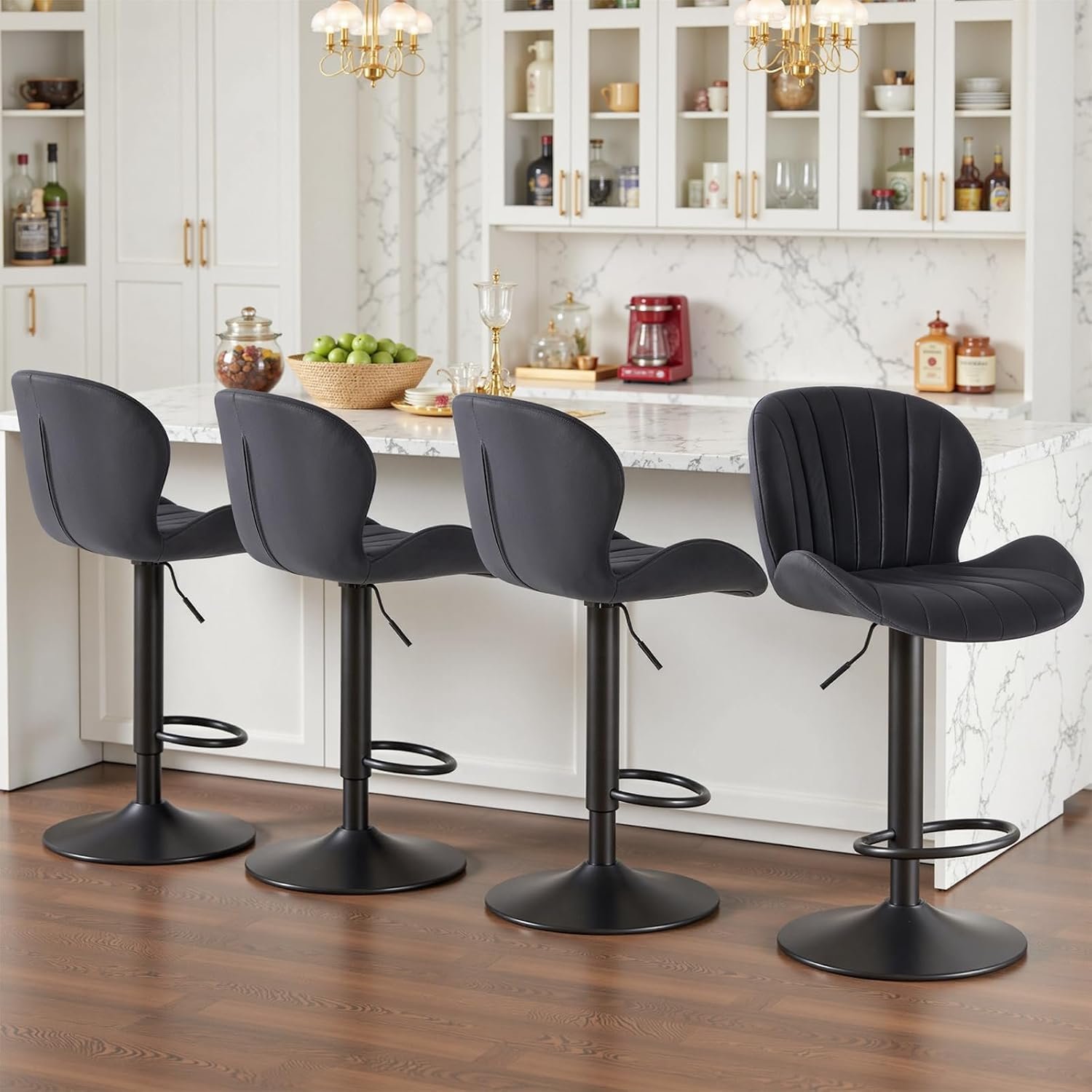 Sweetcrispy Bar Stools Set of 4, Swivel Adjustable Height Fabric Bar Chair | Barstools Counter Height, Backrest, Armless, Upholstered, Modern, Kitchen Island, Dining Room, Black