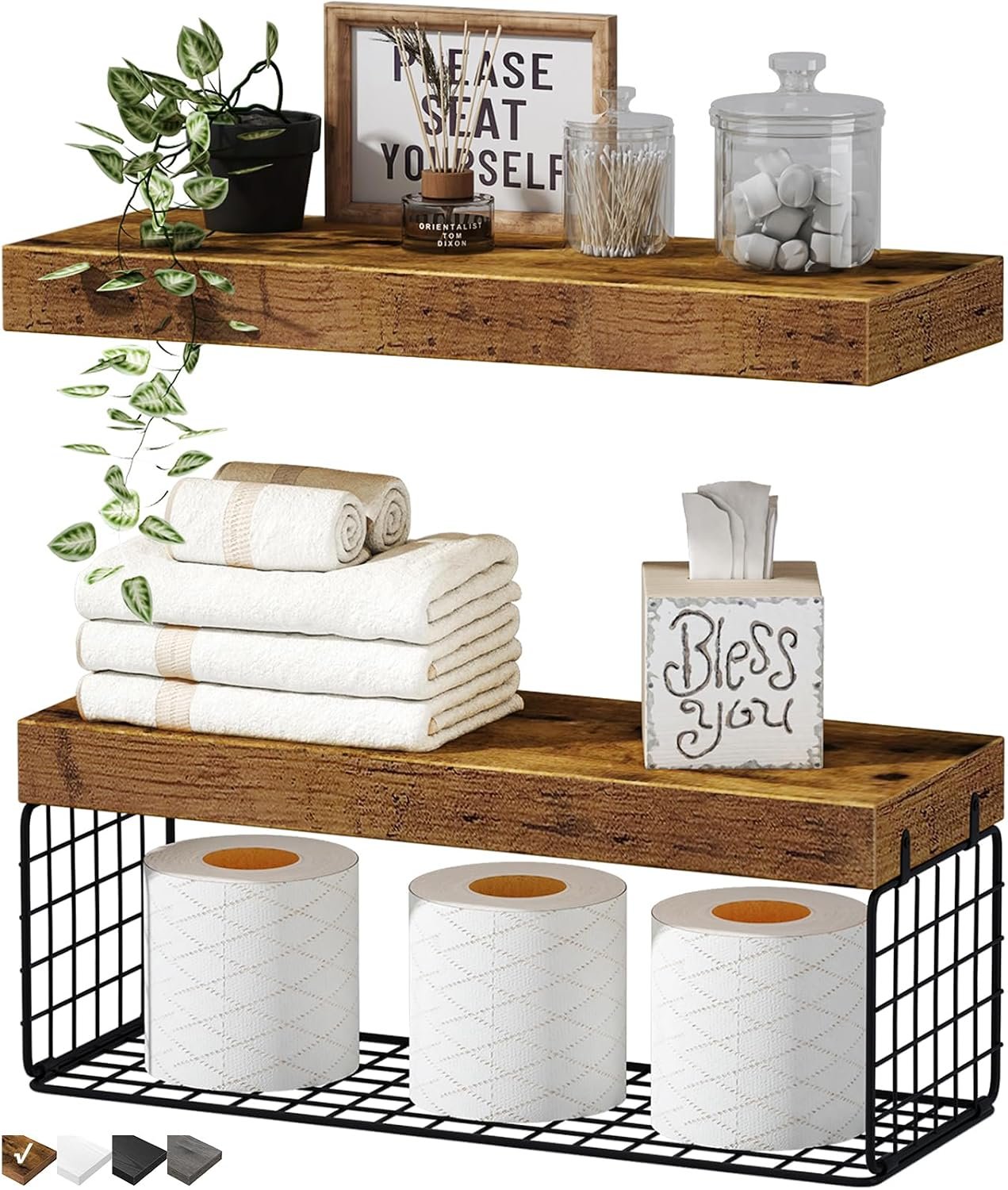 QEEIG Bathroom Shelves Over Toilet – Wall Mounted Floating Shelves Toilet Paper Storage Small Farmhouse Decor Shelf 16 inch Set of 2, Rustic Brown (019-BN2)