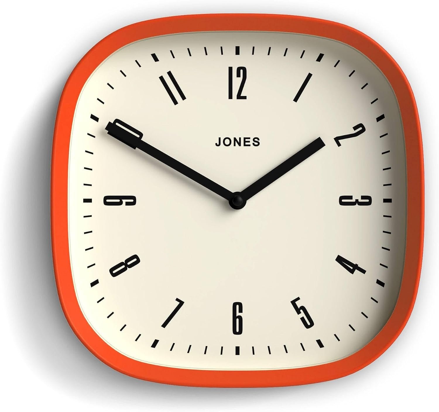 JONES CLOCKS® Marvel wall Clock | Modern Retro Rounded Square Clock | 10″ | Orange | Cool Designer Look for Kitchen, Living Room or Office