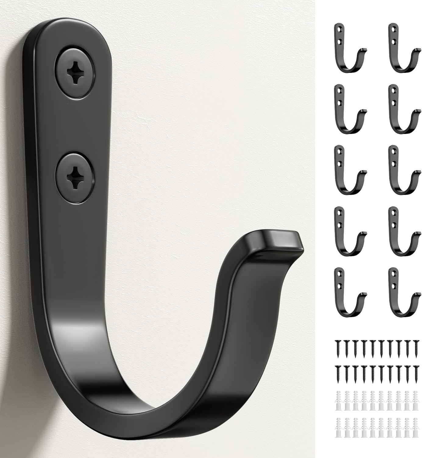 10Pcs Wall Hooks, Black Metal Coat and Towel Hooks, Holds Up to 40 lbs | For Bathroom, Kitchen, Closet, and Garage, For Hanging Coats, Towels, Hats, Keys, Bags,and Coffee Cups