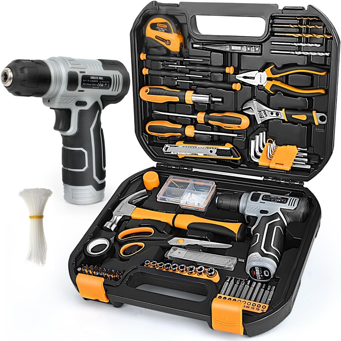 Upgraded 180 Piece Tool Set, Tool Kit with 8V Cordless Drill Set, General Household Hand Drill Kit for Men and Women, Plastic Storage Toolbox for DIYers, Home Maintenance and Everyday Repairs(Orange)