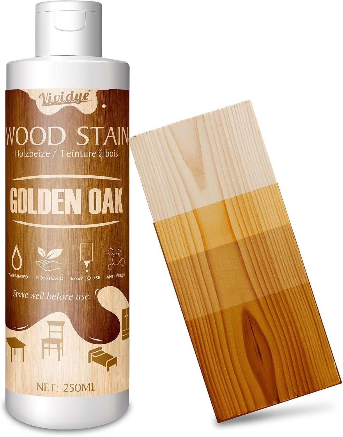 Wood Stain, 8.5oz/250ml Water Based Wood Stain for Indoor and Outdoor Furniture, Cabinet, Door, Trim and More – Fast Drying, Low Odor＆Non-Toxic, Easy to Apply, Multiple Finishes (Golden Oak)